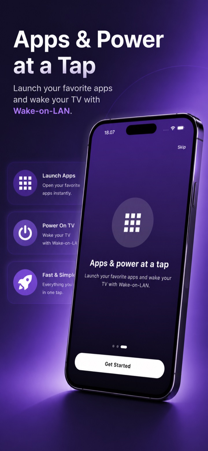 Onboarding screen: launch your favorite apps and wake the TV with Wake-on-LAN