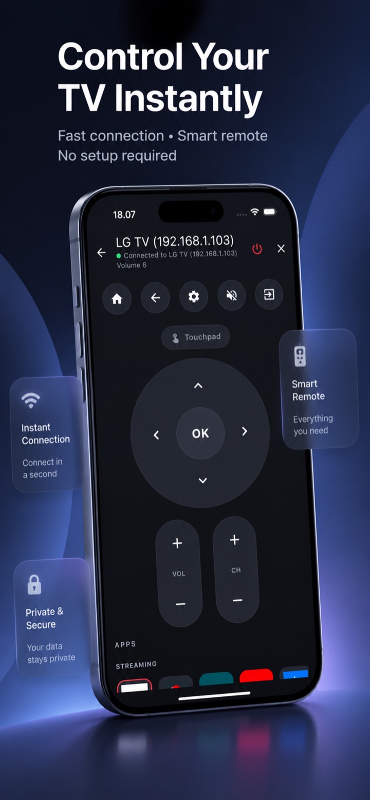 Remote control screen: D-pad, OK, volume and channel controls connected to an LG TV