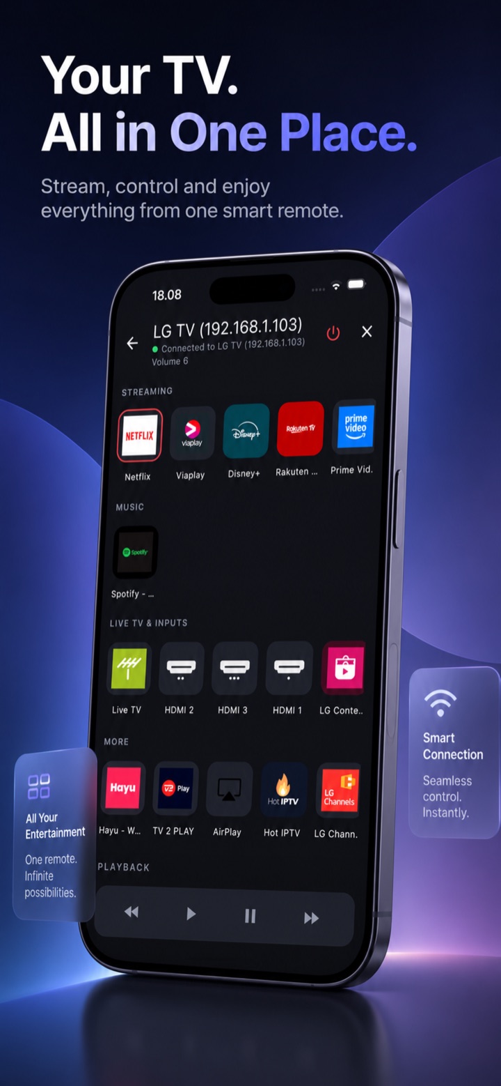 App launcher screen: streaming, music, live TV inputs and playback in one place